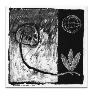 Ilustración para el tríptico de la exposición "Cabezas, vasos, hojas". Tinta y acrílico sobre papel. 1990.